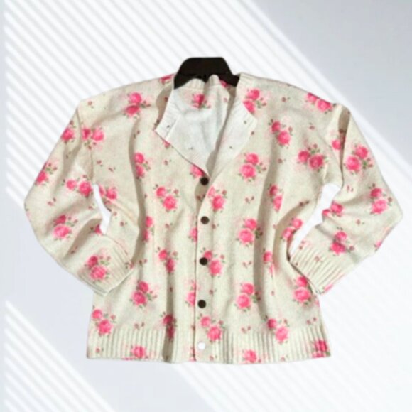 NWOT Gorgeous Pink Rose Floral Print Knit Cardigan Sweater Layering Size 2XL - Picture 2 of 13